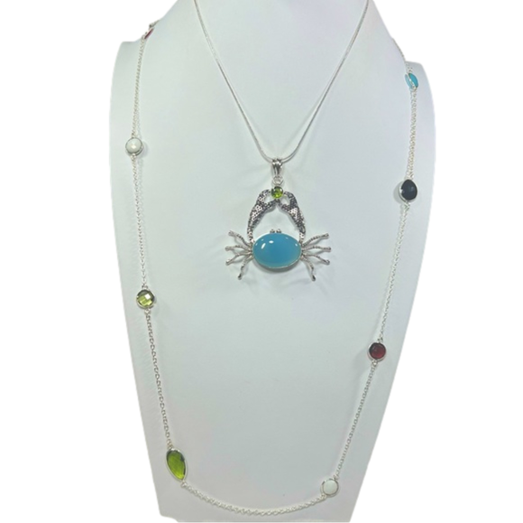 Natural Blue Chalcedony Crab 925 Pendant & Multi Stone Delicate Necklace 36” - Picture 4 of 13